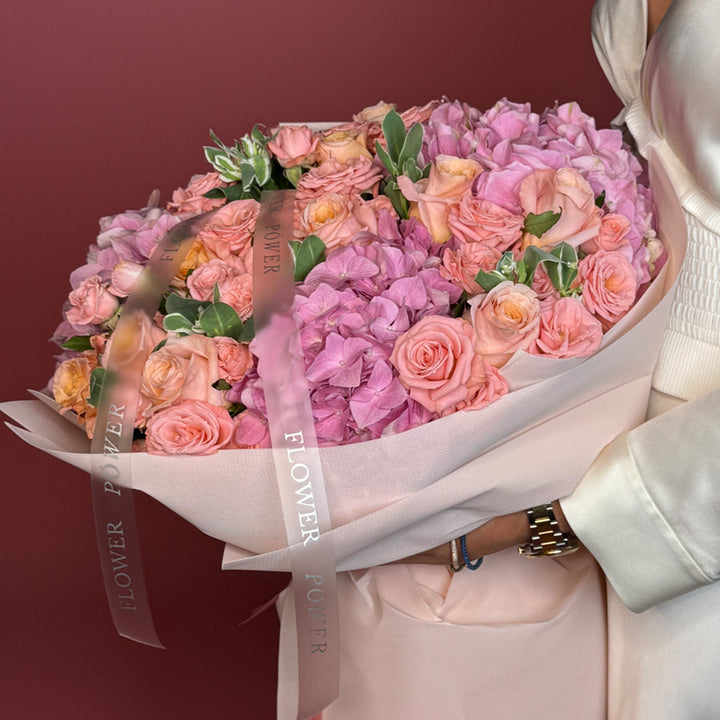 Fuchsia Paradise – hand-tied fuchsia rose bouquet with greenery – elegant gift by Flower Power