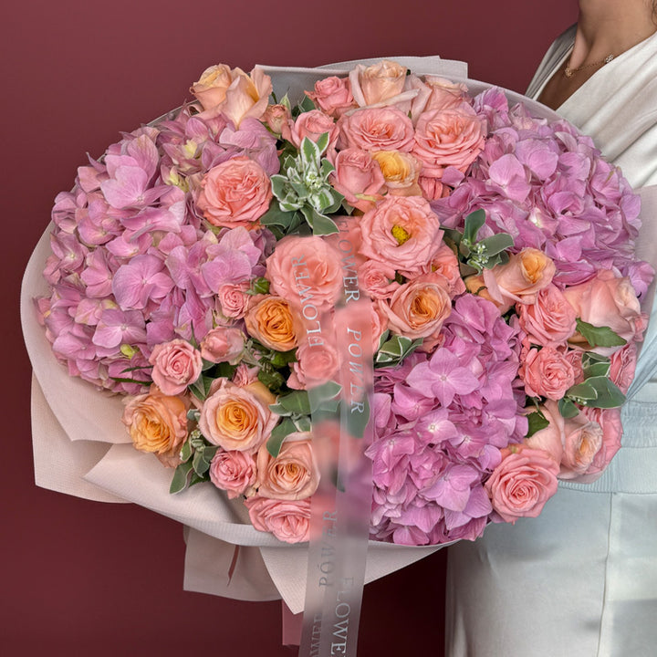Fuchsia Paradise -romantic bouquet of long-stemmed roses – elegant floral expression by Flower Power