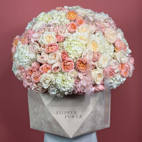 Coral Grace -romantic bouquet of long-stemmed roses – elegant floral expression by Flower Power