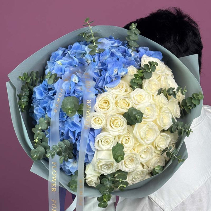 Frosted Bloom – snowy white rose bouquet for elegant occasions – floral present by Flower Power
