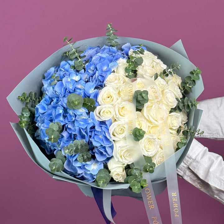 Frosted Bloom – icy-toned romantic rose arrangement – winter-inspired flowers by Flower Power