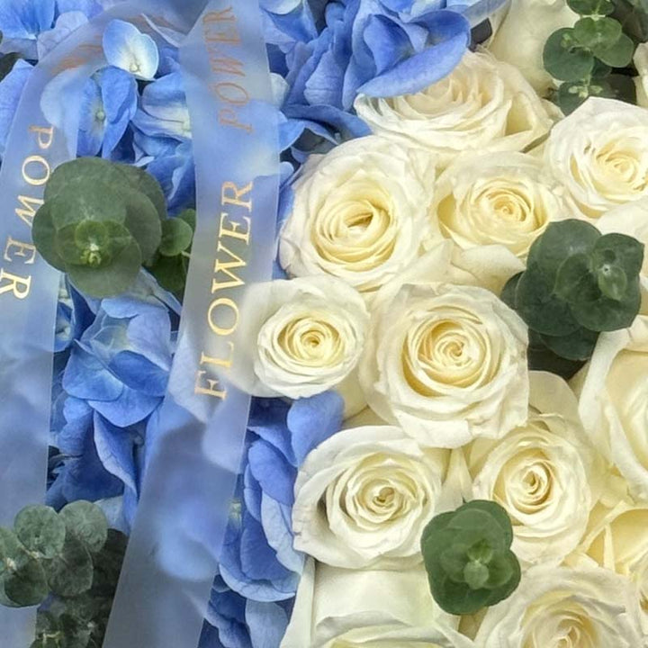 Frosted Bloom – frosted-style bouquet with white and blush roses – romantic delivery by Flower Power