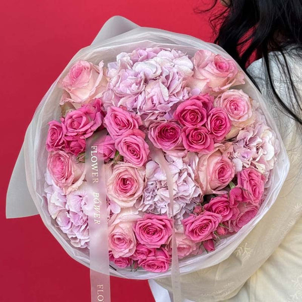 Bouquet of hydrangeas and garden roses Peony Sorbet