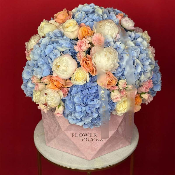 Box of hydrangeas, peonies, roses and spray roses Crystal Sorbet