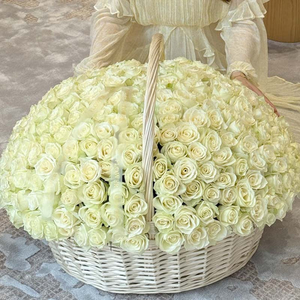 Basket of white roses Snow Opulence
