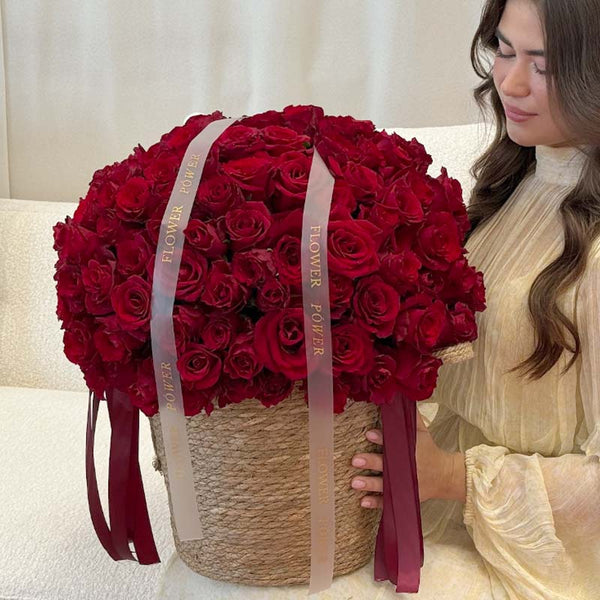 Basket of red roses Scarlet Affair