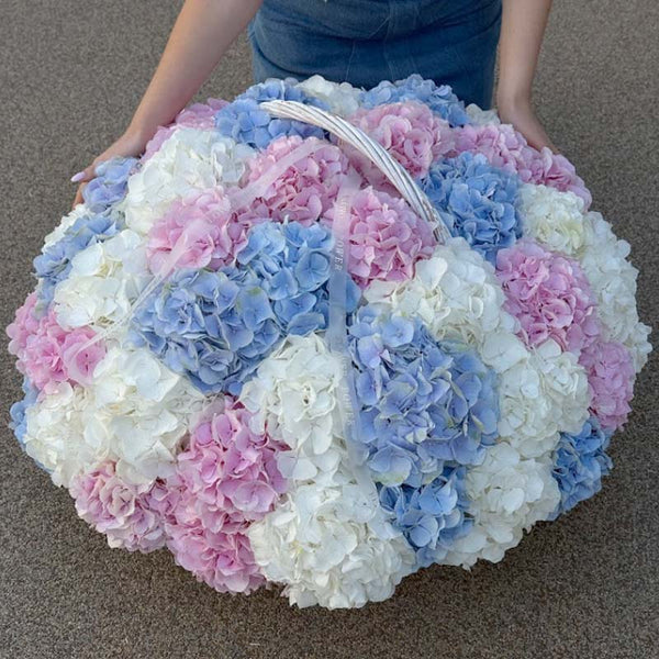 Basket of pink, blue and white hydrangeas Cotton Candy Sky XL