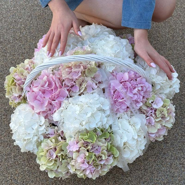 Basket of pink, white and light green hydrangeas Pastel Meadow S